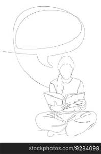 One continuous line of speech bubble with girl reading a book. Thin Line Illustration vector education concept. Contour Drawing Creative ideas.