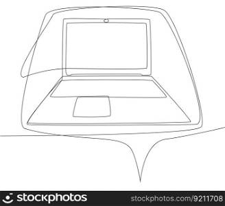 One continuous line of speech bubble with Laptop. Thin Line Illustration vector concept. Contour Drawing Creative ideas.