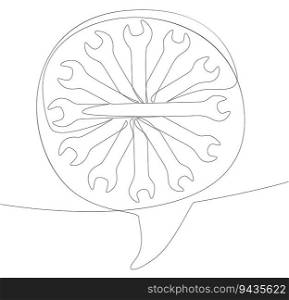 One continuous line of speech bubble with Wrench. Thin Line Illustration vector concept. Contour Drawing Creative ideas.