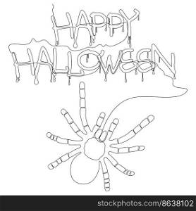 One continuous line of spider and Happy Halloween text. Thin Line Illustration vector concept. Contour Drawing Creative ideas.