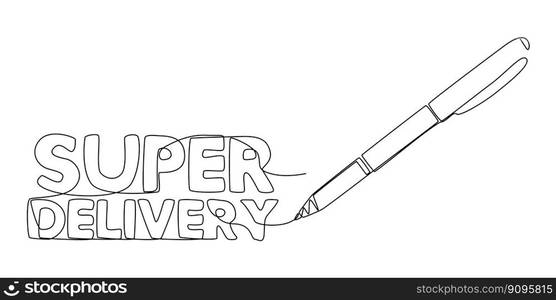 One continuous line of Super Delivery text written with a pencil, felt tip pen. Thin Line Illustration vector concept. Contour Drawing Creative ideas.