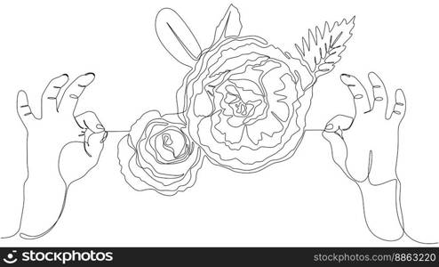 One continuous line of two hand holding a string with rose. Thin Line Illustration vector concept. Contour Drawing Creative ideas.