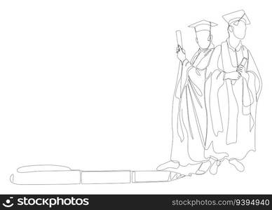 One continuous line of university student graduation event drawn by with felt tip pen. Thin Line Education Illustration vector concept. Contour Drawing Creative ideas.