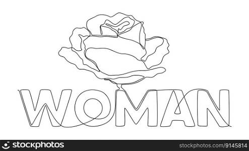 One continuous line of Woman word with rose flowers. Thin Line Illustration vector concept. Contour Drawing Creative ideas.