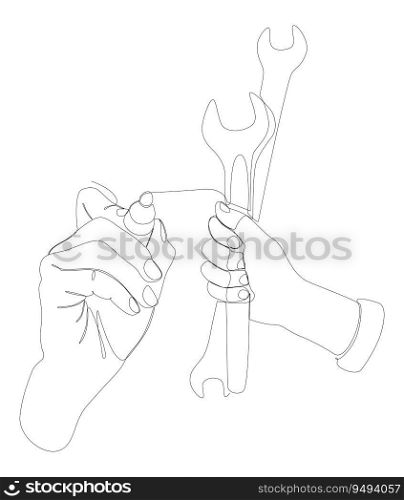 One continuous line of Wrench drawn with a pencil, felt tip pen. Thin Line Illustration vector concept. Contour Drawing Creative ideas.