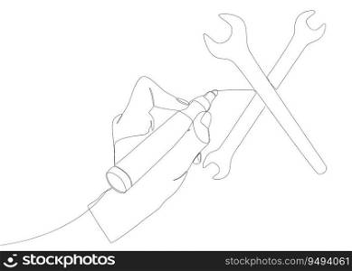 One continuous line of Wrench drawn with a pencil, felt tip pen. Thin Line Illustration vector concept. Contour Drawing Creative ideas.
