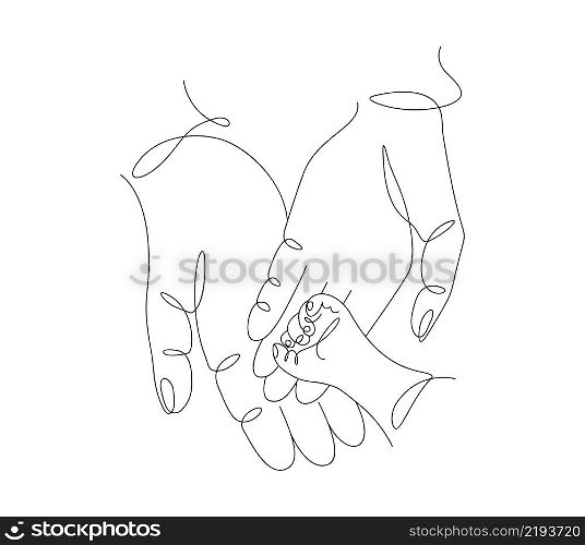 One continuous single drawing line art flat doodle people hands, mom love dad and baby, mother father. Isolated image hand drawn contour on white background. The concept of family happiness.. One continuous single drawing line art flat doodle people hands, mom love dad and baby, mother father. Isolated image hand drawn contour on white background. The concept of family happiness