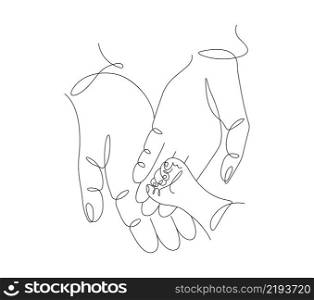 One continuous single drawing line art flat doodle people hands, mom love dad and baby, mother father. Isolated image hand drawn contour on white background. The concept of family happiness.. One continuous single drawing line art flat doodle people hands, mom love dad and baby, mother father. Isolated image hand drawn contour on white background. The concept of family happiness