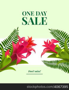 One day sale, do not miss leaflet design with red flowers, leaves and white banner on light green background. Typed text can be used for labels, flyers, signs, banners, posters