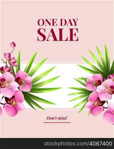 One day sale, do not miss poster design with pink flowers on white banner. Typed text can be used for labels, flyers, signs, banners.