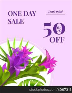 One day sale, fifty percent off, do not miss leaflet design with violet flowers in round frame on lilac background. Typed text can be used for labels, flyers, signs, banners, posters