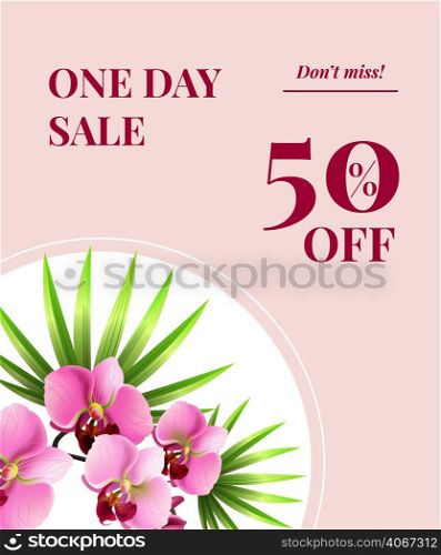 One day sale, fifty percent off, do not miss poster design with pink flowers on white circle. Typed text can be used for labels, flyers, signs, banners