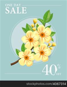 One day sale, forty percent off poster design with yellow flowers in round frame on light blue background. Typed text can be used for labels, flyers, signs, banners.