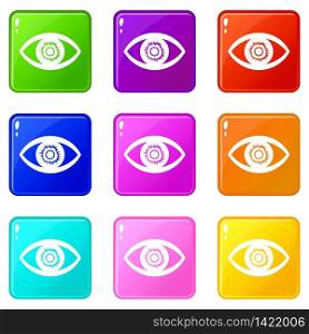 One eye icons set 9 color collection isolated on white for any design. One eye icons set 9 color collection