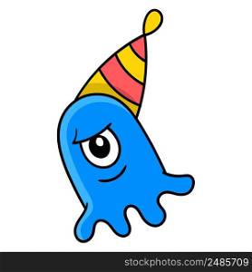 one eyed blue monster wearing a birthday party hat