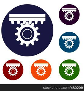 One gear icons set in flat circle red, blue and green color for web. One gear icons set