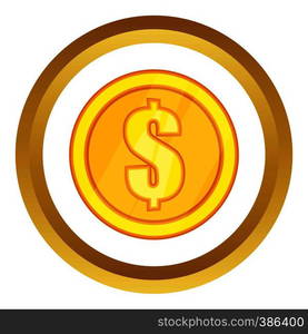 One gold coin vector icon in golden circle, cartoon style isolated on white background. One gold coin vector icon