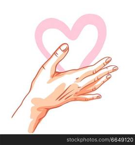One hand hold heart. Illustration of helping each other, care and protection.. One hand hold heart.