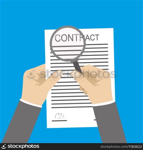 One Hand holding contract document and other hand holding magnifying glass ,isolated on blue background,flat vector illustration. One Hand holding contract document and other hand holding magnif