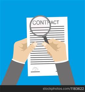 One Hand holding contract document and other hand holding magnifying glass ,isolated on blue background,flat vector illustration. One Hand holding contract document and other hand holding magnif
