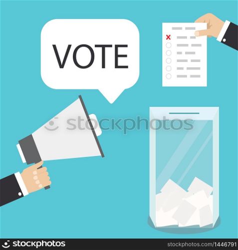 One Hand holding megaphone and speech bubble with vote text,second hand holding ballot page, ballot box,flat vector illustration