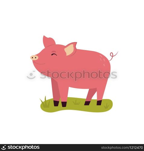 One happy young piglet on a lane. Vector illustration of a farm animal. One happy young piglet on a lane