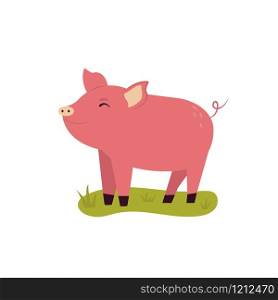 One happy young piglet on a lane. Vector illustration of a farm animal. One happy young piglet on a lane