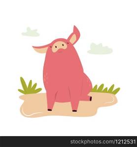 One happy young piglet sitting in a dirt. Vector illustration of a farm animal. One happy young piglet sitting in a dirt
