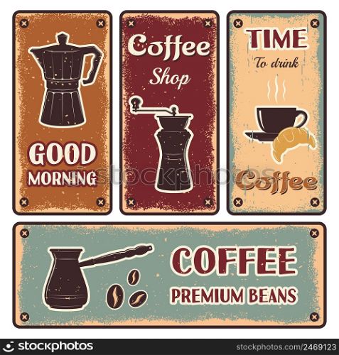 One horizontal and three vertical coffee retro banner set with titles good morning time and premium bean vector illustration. Coffee Banner Set