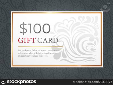 One hundred dollar gift card isolated on black background. Template of paper voucher with text and ornament. Decorated present certificate on 100 bucks for shopping. Vector illustration in flat style. Gift Card, Certificate and Voucher for Shopping