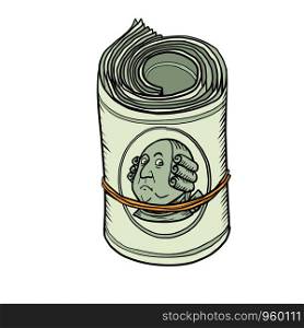 One hundred dollars bundle of banknotes gum. Benjamin Franklin. comic cartoon pop art retro vector illustration drawing. One hundred dollars bundle of banknotes gum