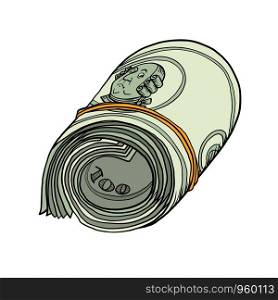 One hundred dollars bundle of banknotes gum. Benjamin Franklin. comic cartoon pop art retro vector illustration drawing. One hundred dollars bundle of banknotes gum