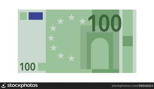 One hundred euro banknote. Green paper 100 euro money, europe cash simple design, world global currency, bank financial bill vector flat isolated on white background close up illustration. One hundred euro banknote. Green paper 100 euro money, europe cash simple design, world global currency, bank financial bill vector flat isolated closeup illustration
