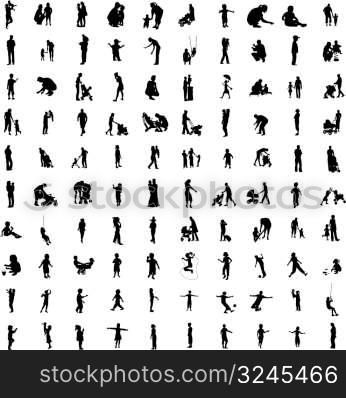 One hundred isolated silhouettes of parents and children.