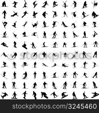 One hundred silhouette of skiers. Downhill racing, a snowboard, children and teenagers in movement.