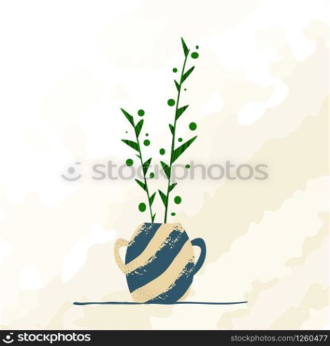 One Indoor garden potted plant or home flower in vase - isolated element on abstract background. Vector green plant in textured ceramic pot, illustration of potted houseplant for card, banner, poster. garden potted plants isolated on white