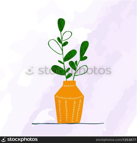 One Indoor garden potted plant or home flower in vase - isolated element on abstract background. Vector green plant in textured ceramic pot, illustration of potted houseplant for card, banner, poster. garden potted plants isolated on white