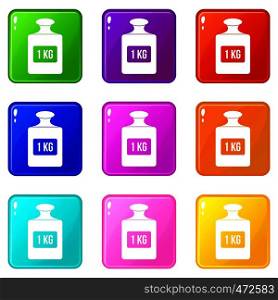 One kilogram weight icons of 9 color set isolated vector illustration. One kilogram weight pattern, simple style