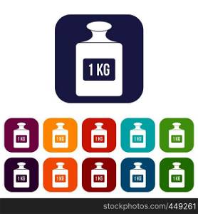 One kilogram weight icons set vector illustration in flat style In colors red, blue, green and other. One kilogram weight pattern, simple style