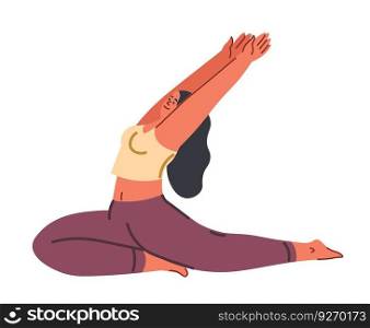 one legged pigeon pose, yoga asanas and poses. Female character doing eka pada raja kapotasana, stretching and working out. Girl in sportsuit keeping fit and healthy lifestyle. Vector in flat style. Eka pada raja kapotasana or one legged pigeon pose