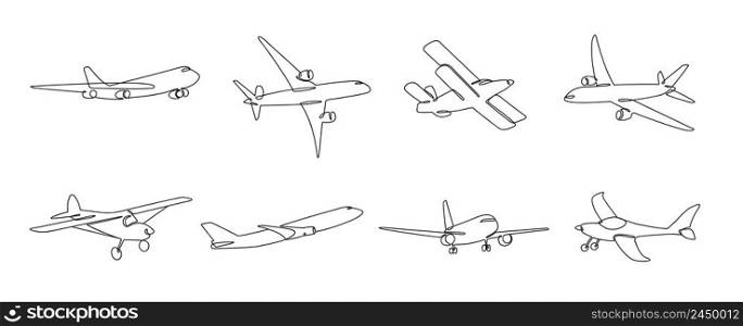 One line airplane. Travel aviation, private plane and airlines linear sketch vector illustration set of flight aviation and aircraft, airplane travel transport. One line airplane. Travel aviation, private plane and airlines linear sketch vector illustration set