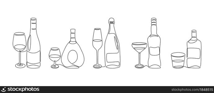 One line alcohol beverage. Glass bottles with strong scotch and glasses of wine, continuous line modern graphic. Vector drinks set creative drawing alcohol drinks for party. One line alcohol beverage. Glass bottles with strong scotch and glasses of wine, continuous line modern graphic. Vector drinks set