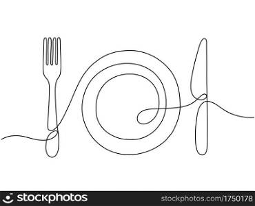 One line art. Plate knife, fork continuous outline drawing. Decoration for cafe or kitchen, restaurant or menu. Cutlery vector illustration. Plate drawing outline with dishware contour. One line art. Plate knife, fork continuous outline drawing. Decoration for cafe or kitchen, restaurant or menu. Cutlery vector illustration