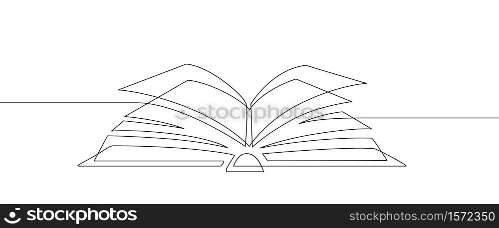 One line book. Learning and studying, library concept. Continuous line art vector education and knowledge sketch linear illustration. Open book with pages minimalist design drawing. One line book. Learning and studying, library concept. Continuous line art vector education and knowledge sketch linear illustration