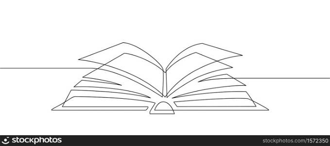 One line book. Learning and studying, library concept. Continuous line art vector education and knowledge sketch linear illustration. Open book with pages minimalist design drawing. One line book. Learning and studying, library concept. Continuous line art vector education and knowledge sketch linear illustration