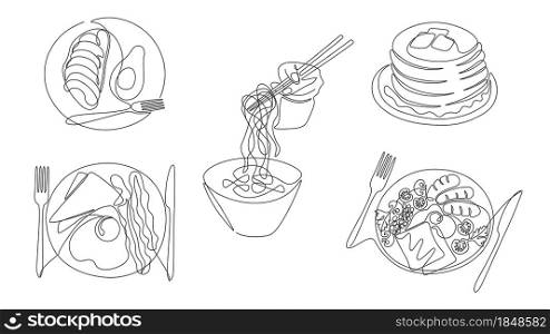One line breakfast. Dishes of morning meal, healthy food and start of day, fried eggs pancakes and croissants with avocado. Vector breakfast continuous line isolated illustrations cooking breakfast. One line breakfast. Dishes of morning meal, healthy food and start of day, fried eggs pancakes and croissants with avocado. Vector breakfast continuous line