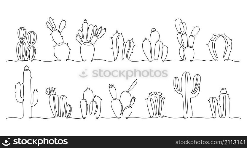 One line cactus. Continuous line doodle Mexican desert plant, hand drawn succulent and cactus exotic botanical collection. Vector illustrations graphic set design image cactus with thorns. One line cactus. Continuous line doodle Mexican desert plant, hand drawn succulent and cactus exotic botanical collection. Vector graphic set