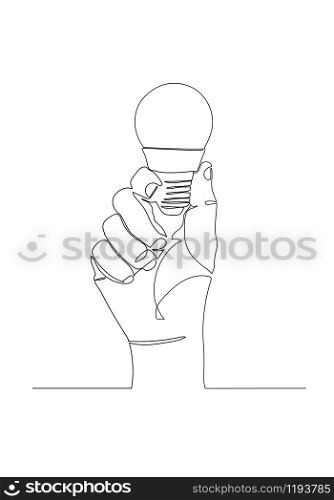 one line continuous draw with hand holding light bulb. Vector illustration.