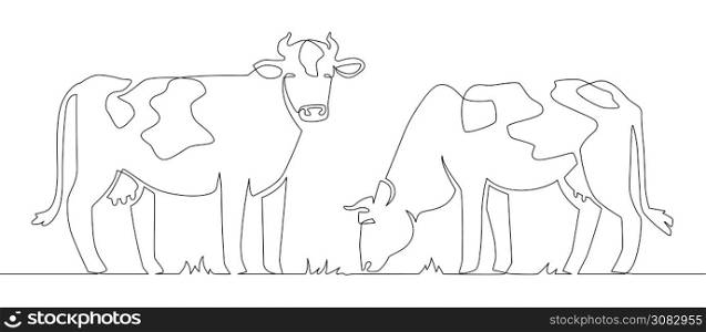 One line cows. Milk cow animal, livestock and beef meat and calf farm continuous line artwork vector concept. Illustration cow, farm mammal one line art. One line cows. Milk cow animal, livestock and beef meat and calf farm continuous line artwork vector concept