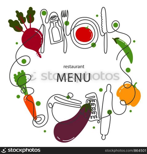 One line drawing concept for a restaurant menu. Continuous line art of knife, fork, plate, pan, spoon, grater, ladles, rolling pin. Vector illustration. One line drawing concept for a restaurant menu. Continuous line art of knife, fork, plate, pan, spoon, grater, ladles, rolling pin